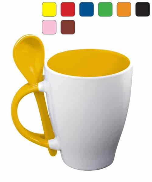 mug publicitaire bicolor avec cuillère à personnaliser avec le marquage de votre logo, livraison rapide chez Dezigner Com